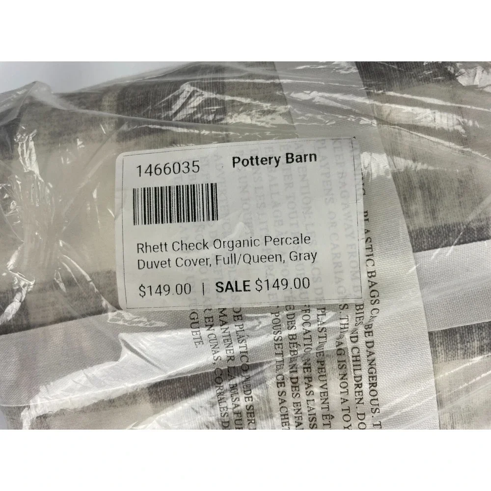 Pottery Barn Rhett Check Organic Percale Duvet Cover Full/Queen Gray NWT $149
